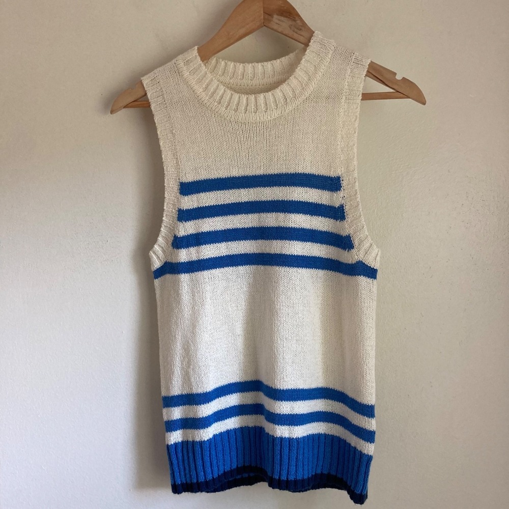 Lucky Brand Womens Striped Sleeveless Sweater Vest White Blue Cotton Blend Small